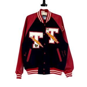Vtg Y2K Men's Wool Navy and Red Wool Letterman Varsity Jacket - Size XL